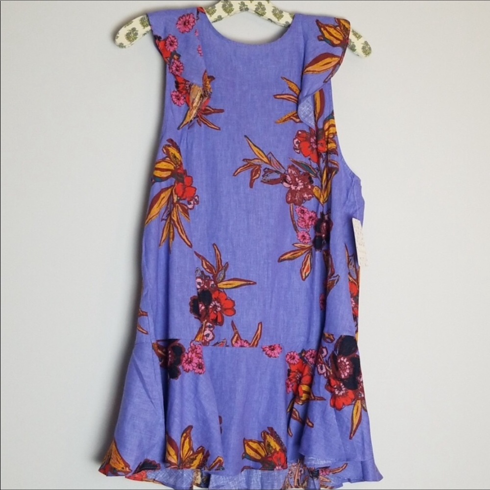 Free People Floral Tie Back Linen Top in Blue S - Picture 4 of 8